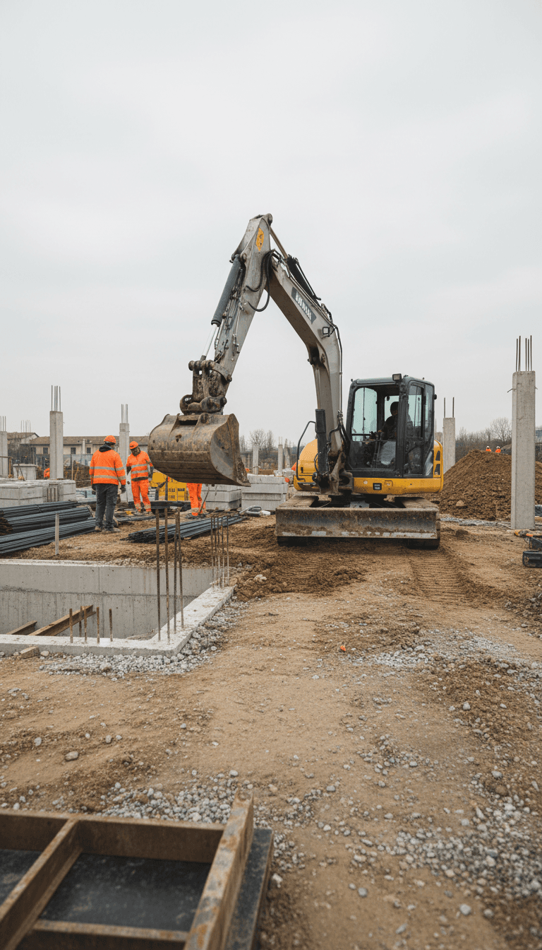 Cantiere edile con escavatore in azione a Modena